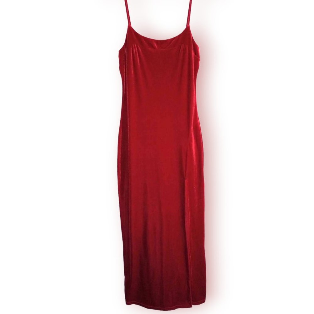 Vtg Patri Red Velour Slit Evening Gown Maxi Dress Med